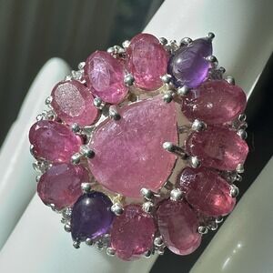 Vintage Cocktail Ring Size 6 Natural Sapphire Amethyst Gems 925 Sterling 7.1g